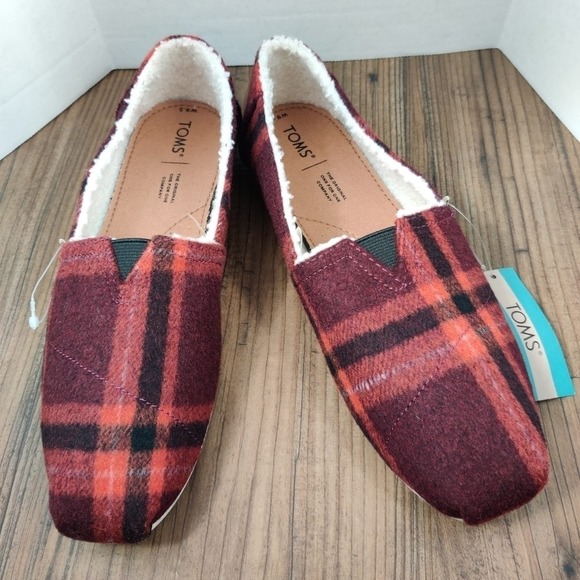 TOMS Alpargata Flat Wool Red Plaid Women's 9.5 Faux Fur Slip On Shoes Boho Cute - Picture 6 of 16